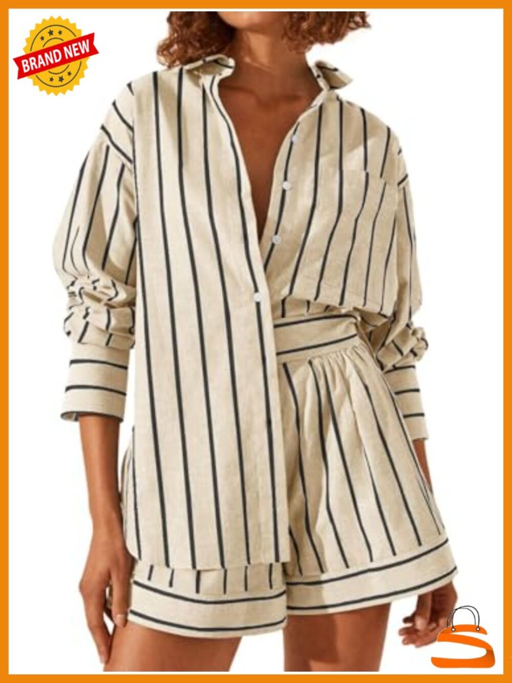 Striped Long Sleeve Button Down Shirt & Matching Shorts Set